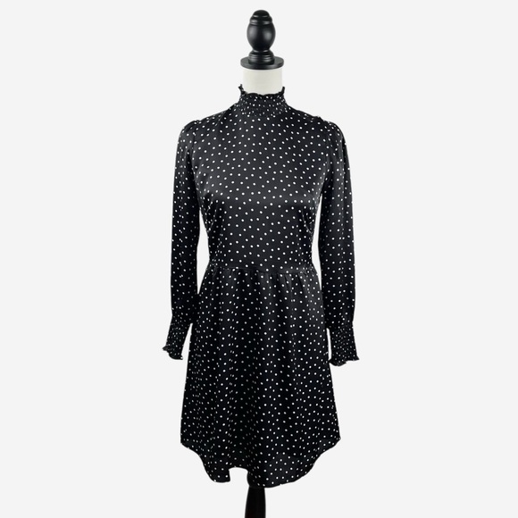 LOFT Dotted Smocked Mini Flare Dress Size 0 Petite Black Lined NEW - Picture 3 of 15